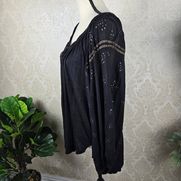 Free People Size Small Black Peasant Top Tie Scoop Neck Long Sleeve Embellished - Picture 10 of 16